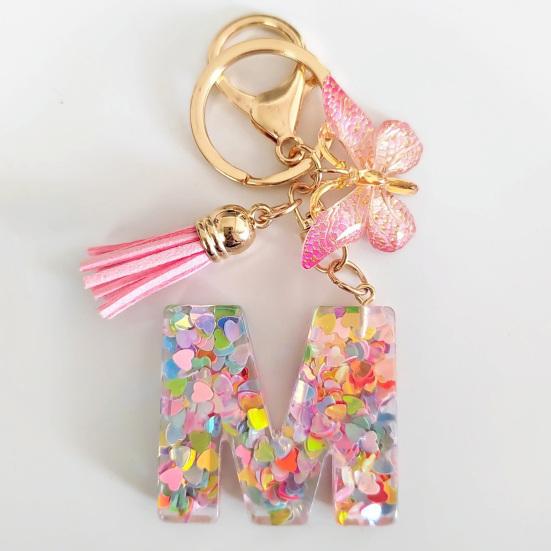 Epoxy Resin English Alphabet Keychain Heart-Shaped Sequins Butterflies Tassel Alphabet Keyring Initial Lettering Key Chain Mug Accessory