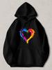Black Pullover Hoodie with Vibrant Rainbow Paint Splash Heart Graphic Unisex Casual Sweatshirt with Kangaroo Pocket for Daily Wear