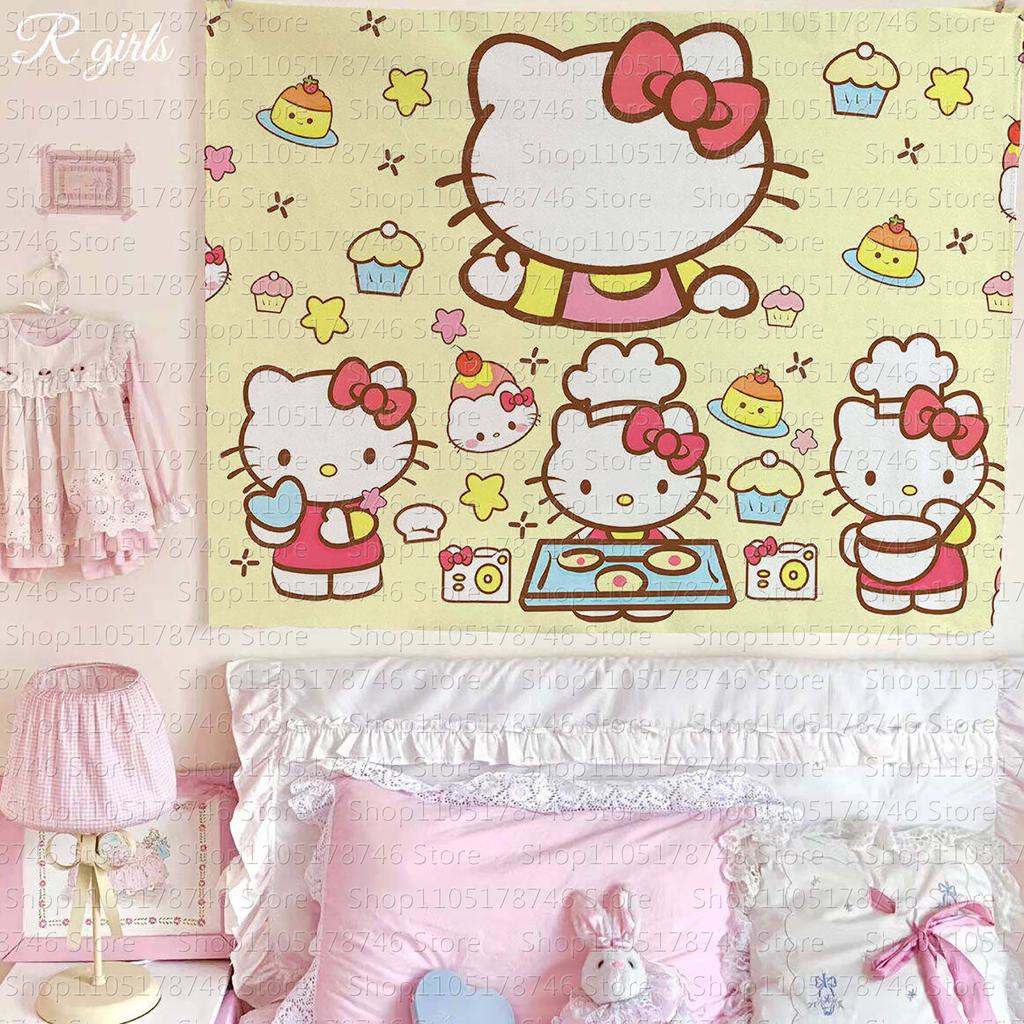 Cartoon Hello Kitty Wall Hanging Cute Girl Room Decor Tapestry Dormitory Bedroom Bedside Photo Backdrop