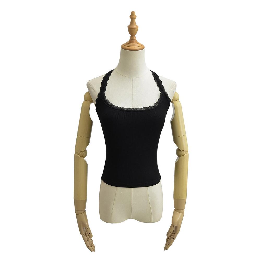 Women's Summer 2024 Backless Slim-Fit Halter Top with Bra Pads & Lace Trim