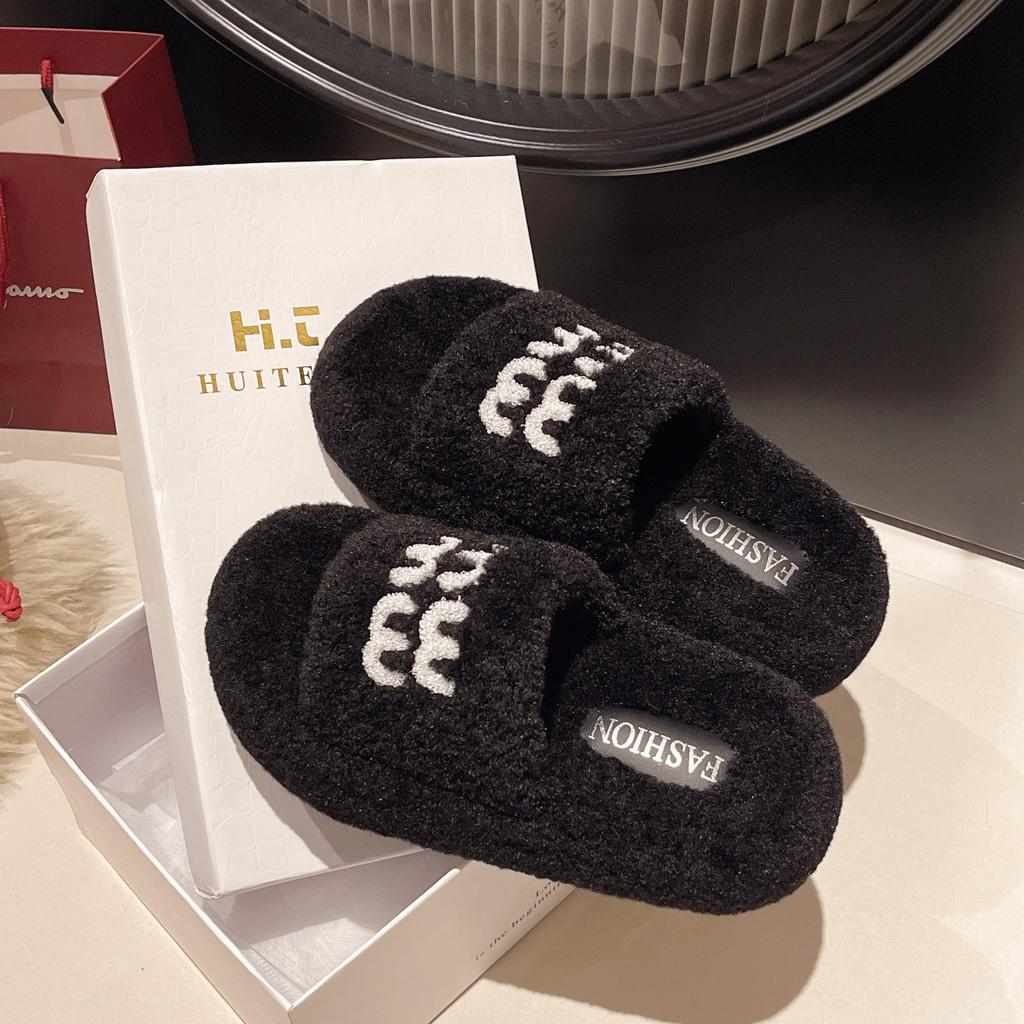 Cotton Mop Soft Bottom Fluffy Slippers Women's Outer Wear Burgundy Autumn and Winter Velvet Red Retro Lamb Wool Letter New