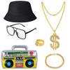 80s 90s Hip Hop Costume Outfit Set Dollar Sign Ring Hat Dollar Necklace Big Gold Chain Rock Star Glasses Bracelet for Boys Girls