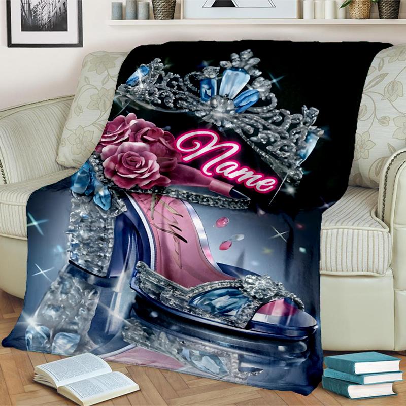 1PC Custom Name Royal Glamour Shoe outdooor Flannel blankets Throw Blanket All-Season Throw Gift Bedspread for Couch, Bed, Camping Holiday Birthday gi