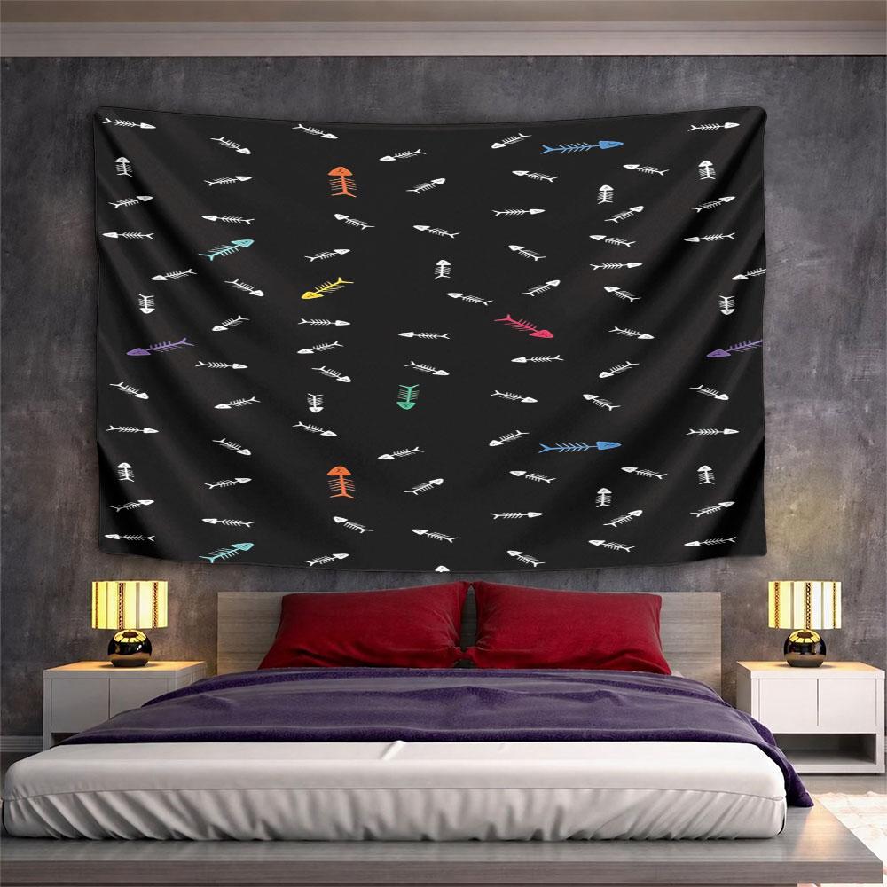 Colorful Fishbone Pattern on Black Background Pattern Wall Hanging Tapestry Decorative Tapestry Home Decor for Bedroom and Living Room