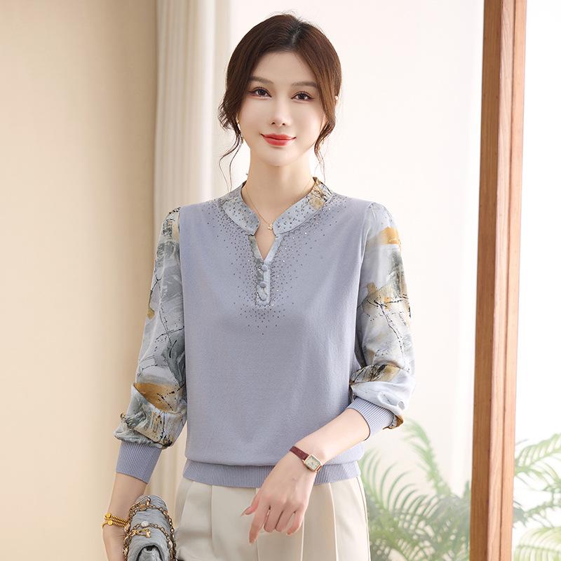 Elegant Gauze Sleeve Knit Top for Mature Women - Lightweight Spring/Autumn Layer