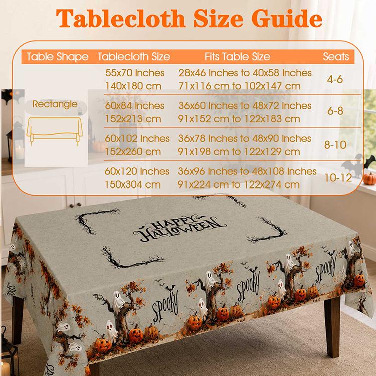 Halloween Tablecloth 152cm Width Rectangular, Spooky Ghost Pumpkin Branch Print for Halloween Dinner Party Decor