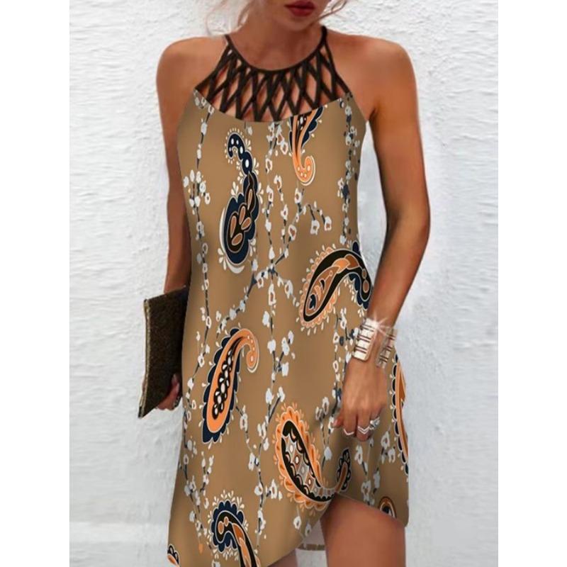 GMXIA National Style Positioning Print Mesh with Sleeveless Casual Dress for Women