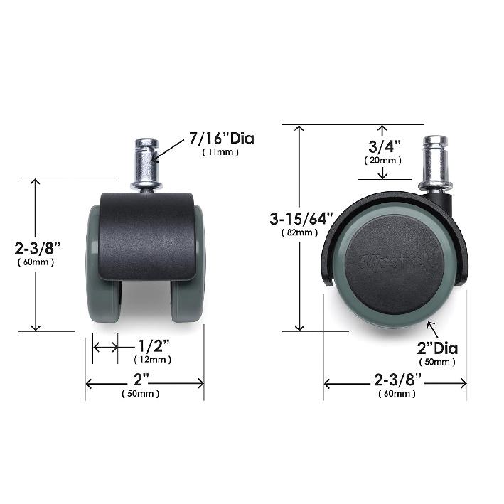 Slipstick CB680 50mm (2 Inch) Floor Protecting Rubber Office Chair Caster Wheels (Set of 5) Standard Stem Size - Black/Gray