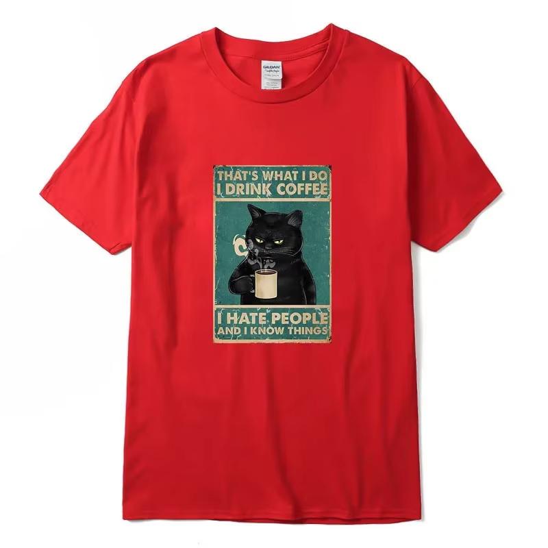 Summer casual cool loose mens Oneck Tshirt mens top mens Tshirt highquality 100 pure cotton fun cat drink coffee print