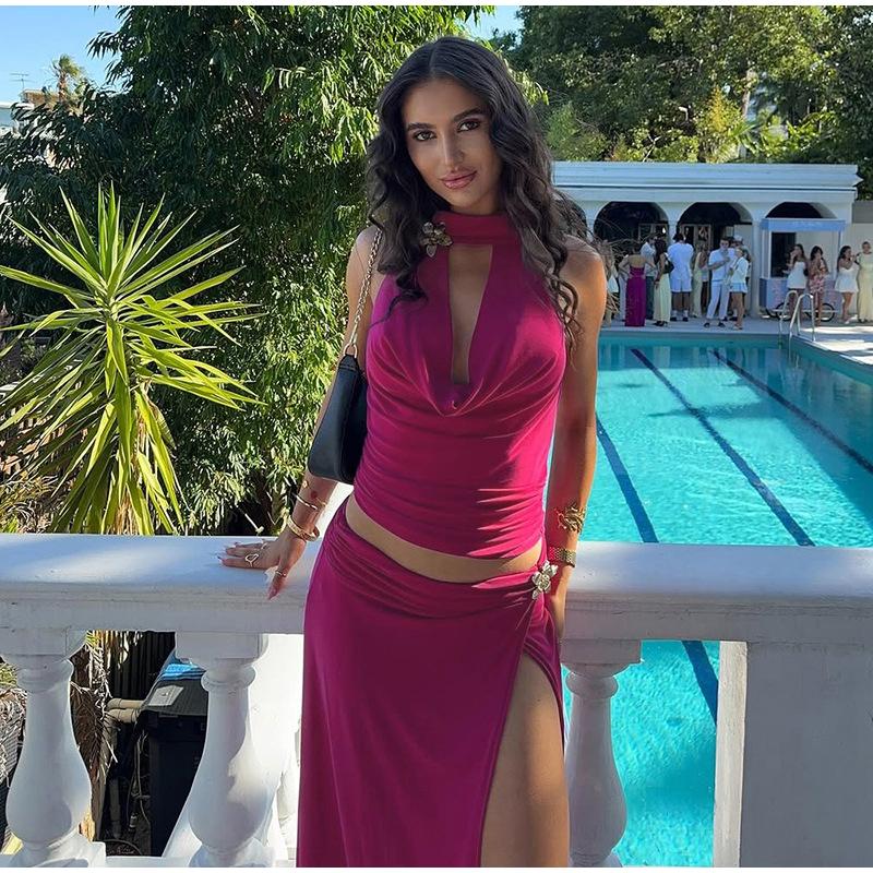 Сексуальные юбки с металлическим халтер-топом, женские костюмы, открытая спина, без рукавов, майка с высокой талией, разрез, миди, юбка, женские наряды