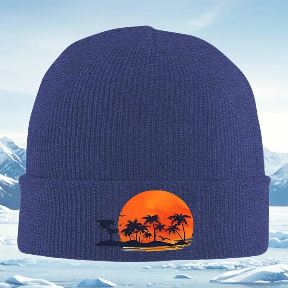 Palm trees sun birds ocean sunset Unisex Women Unisex Knitted Hat Beanie Pullover Cap Winter Thermal Warm Christmas Outdoor Cycling