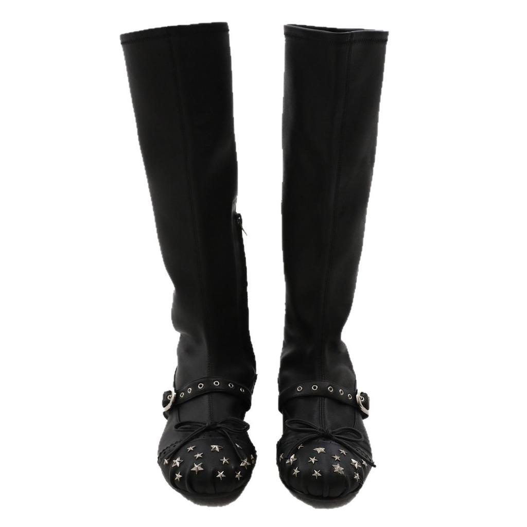 Rivet Belt Buckle Medium Tube Elastic Boots Early Autumn Thin Boots Flat Bottom Thin But Knee High Boots