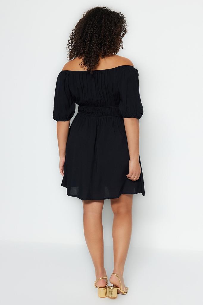 Женское стильное черное тканое платье больших размеров с воротником «Кармен» и талией