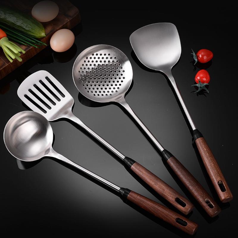 Лопатка из нержавеющей стали с деревянной ручкой, термостойкая, с длинной ручкой, половник для супа, лопатка, кухонные принадлежности для готовки