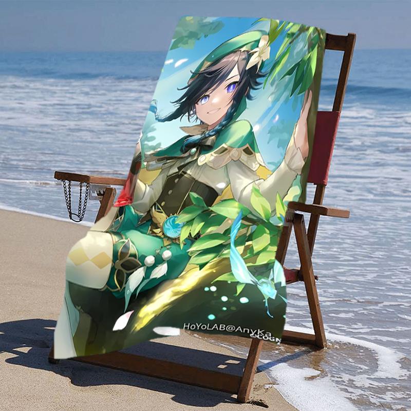 proof beach towel with a Genshin Impact characters8 pattern - soft,absorbent,quick-drying,machine washable - perfect for swimming,camping,bathing