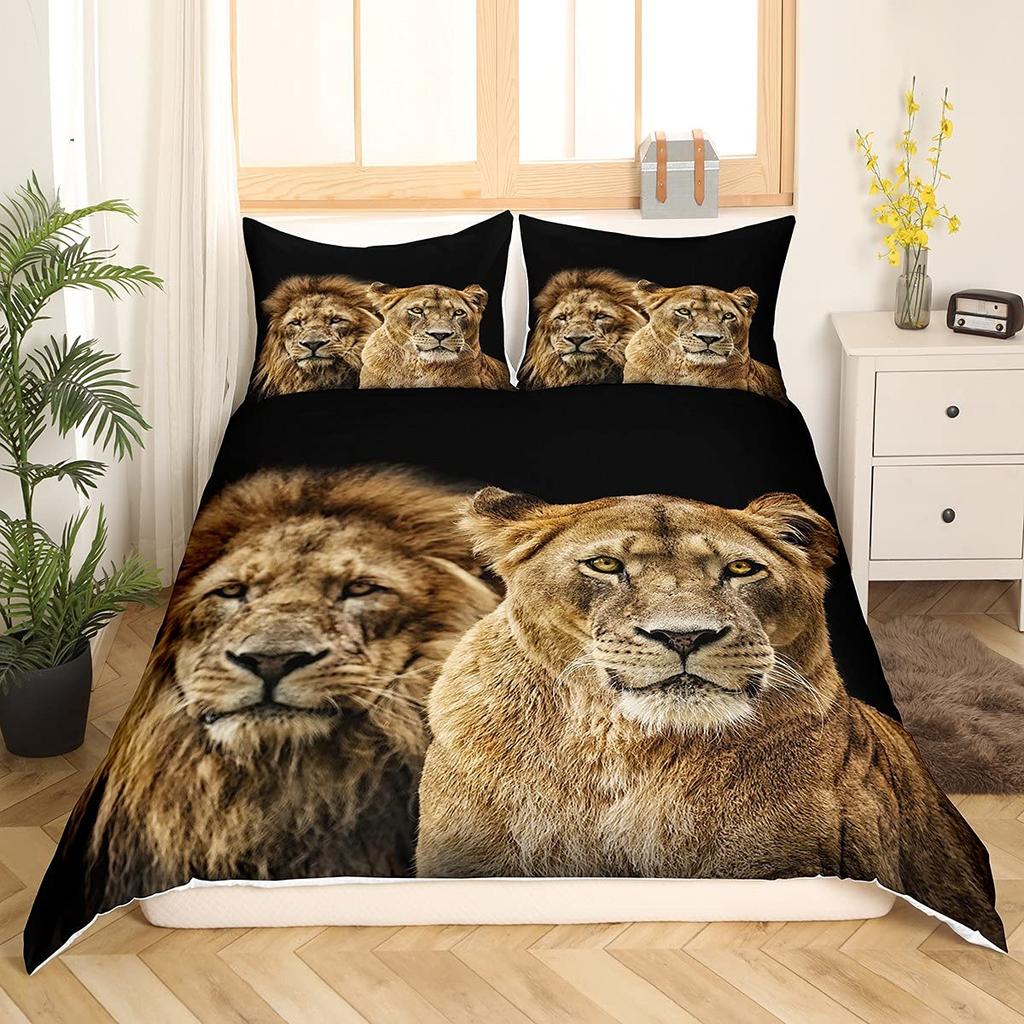 Lion Rose Duvet Cover Sets King Size Animal Floral Print Polyester Comforter Cover Nature Theme Bedding Set for Kids Adult Teens