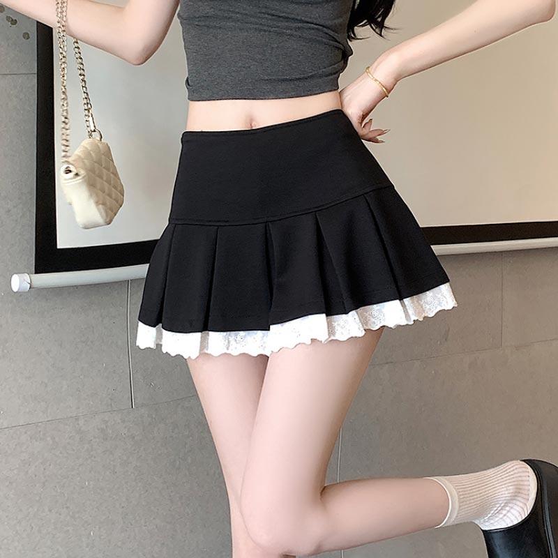 Cute Pleated Skirt for Women Summer Solid High Waist A-line Shorts Lace Stitching Mini Skirt Y2k Vintage Clothing