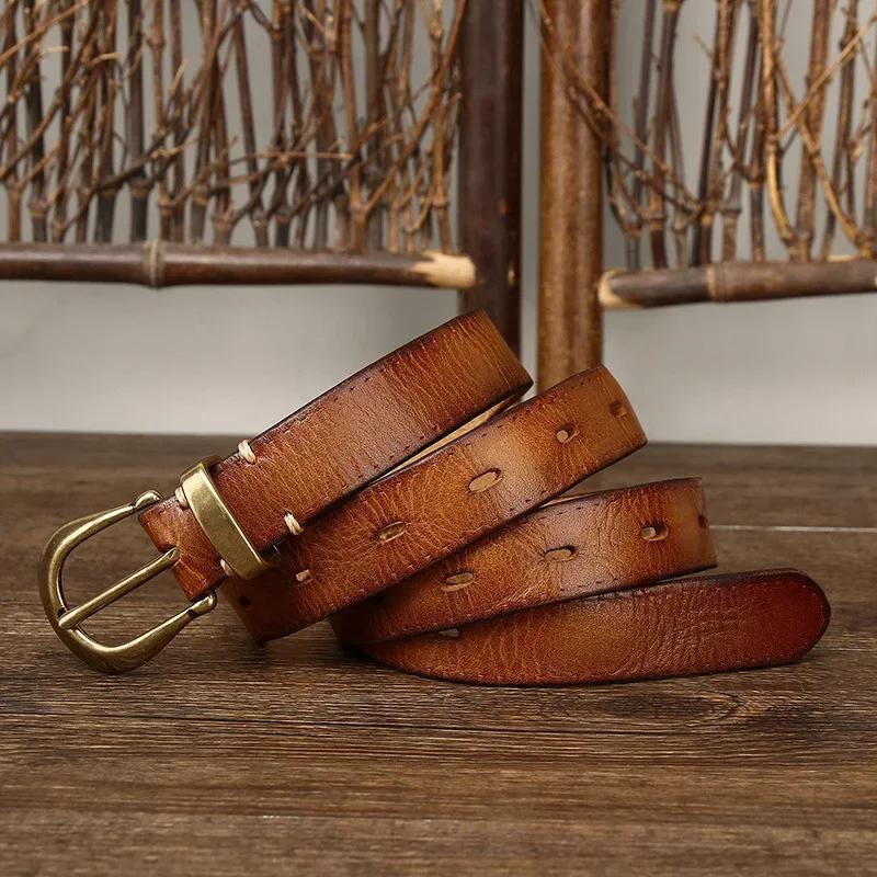 2.3 см чистая коровья кожа высокого качества натуральная кожа ремни для женщин медная пряжка модный винтажный женский тонкий ремень джинсы ковбойские чинтос