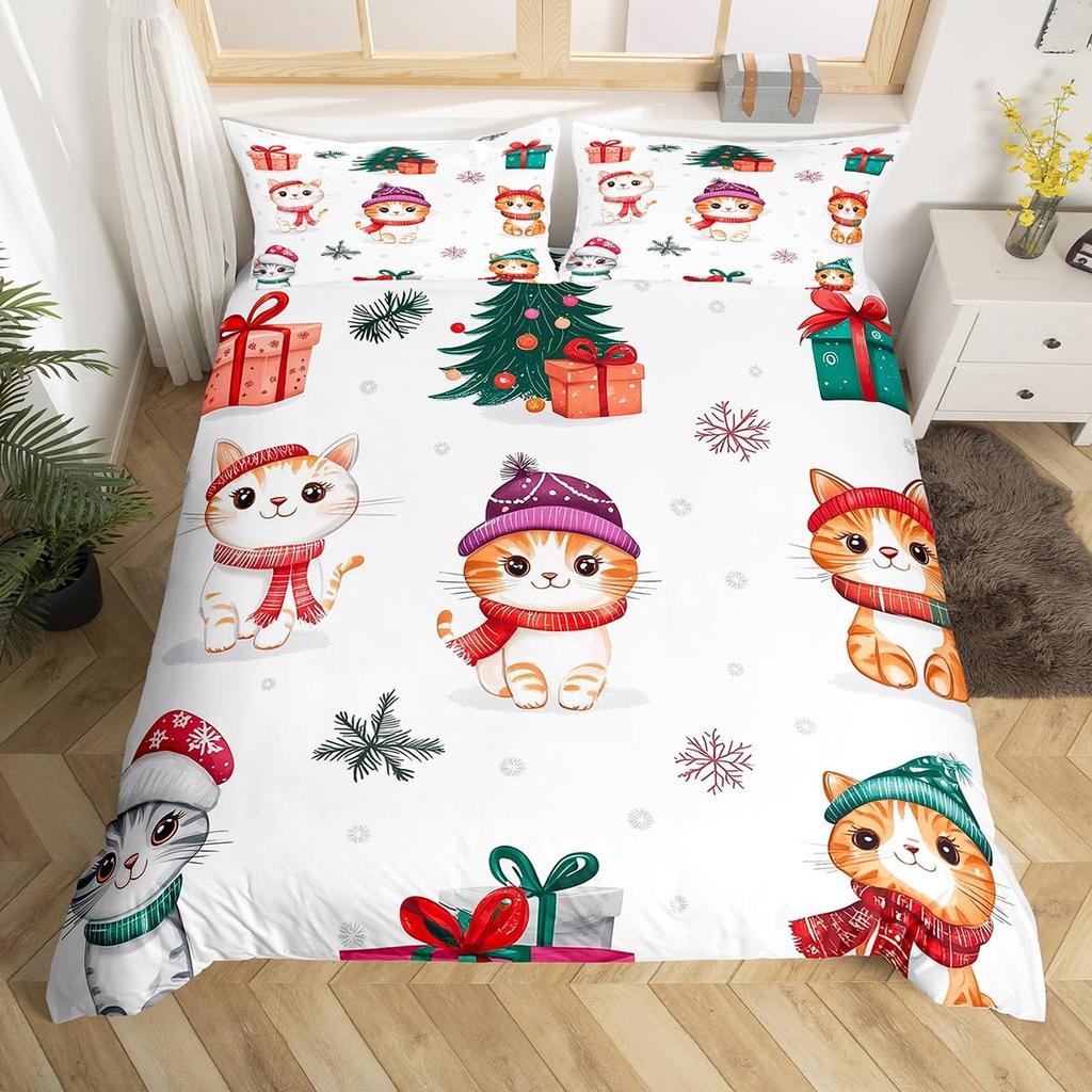 Kawaii Cat Duvet Cover Pink Bowknot Kitten Bedding Set Sweet Pet Animal Comforter Cover Princess Bow Girly Polyester Quilt Cover