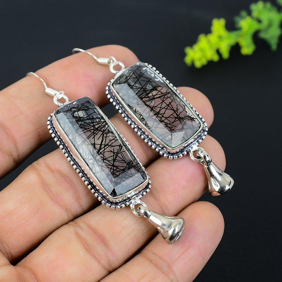 Черный рутил драгоценный камень 925 стерлинговое серебро подарок ювелирное изделие серьга 2,68"