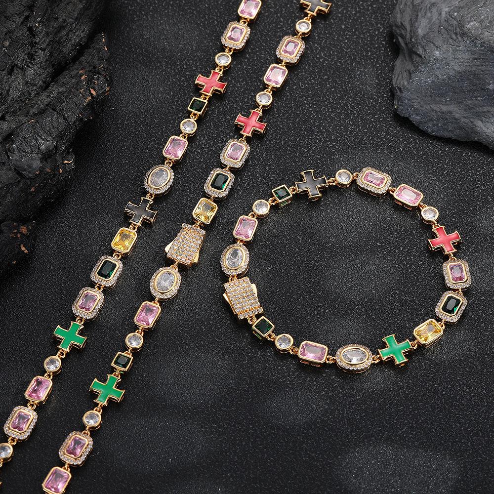 1MM Geometric Colored Gemstones Full Necklace Bracelet Hip Hop Style Jewelry Unisex Jewelry