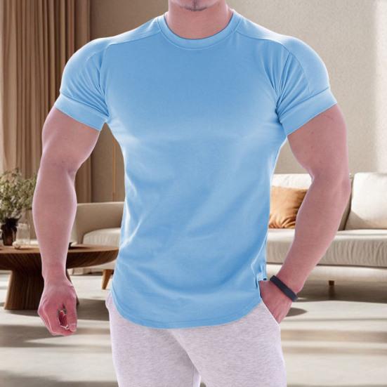 Men Sports T-shirt O Neck Short Sleeve Slim Fit Solid Color Elastic Quick-drying Soft