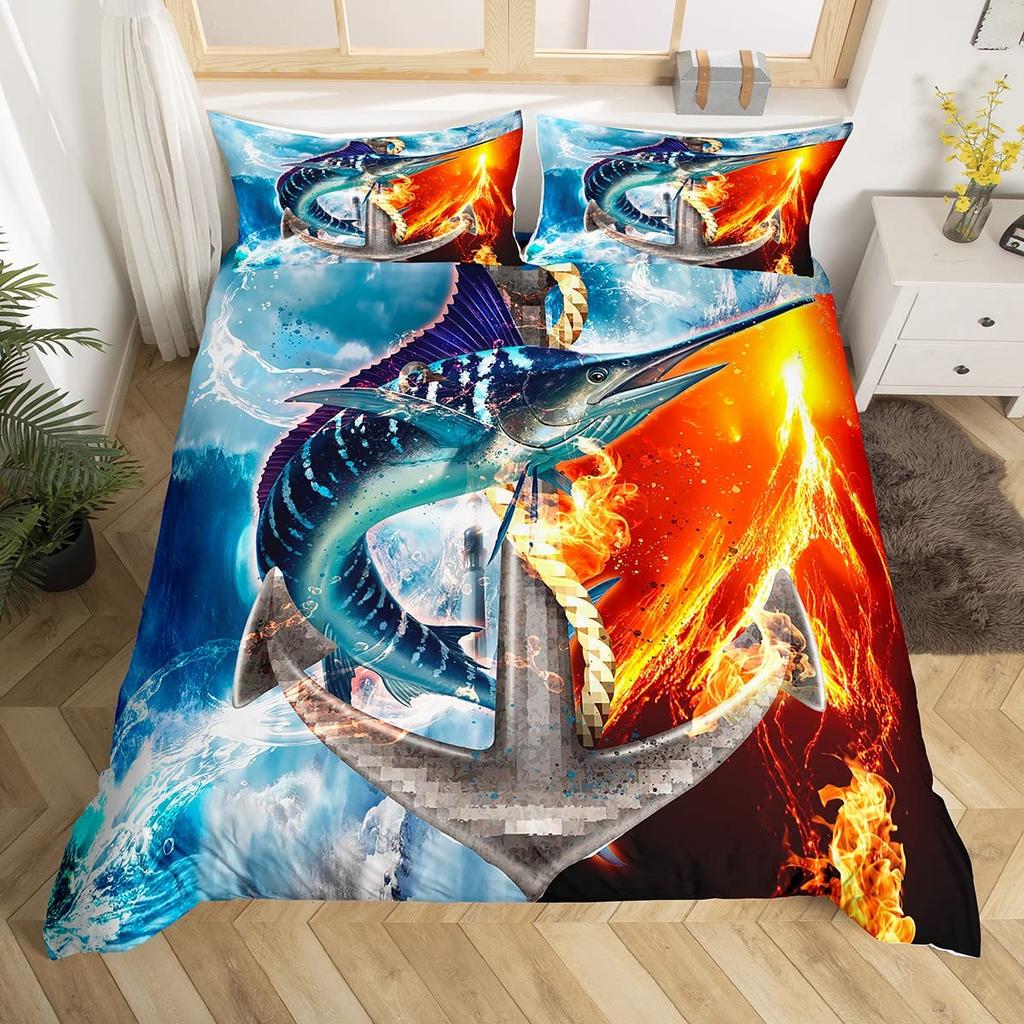 Marlin Swordfish Duvet Cover Set Hunting Fishing Bedding Set Tie Dye Sea Fishing Boat Marine Life Nautical Comforter Cover Queen