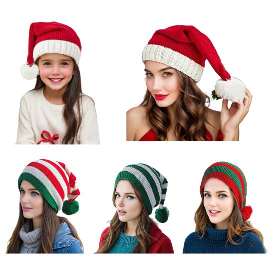 Шапка Санты Красно-бело-зеленая полосатая вязаная рождественская шапка с плюшевым помпоном Праздничный аксессуар