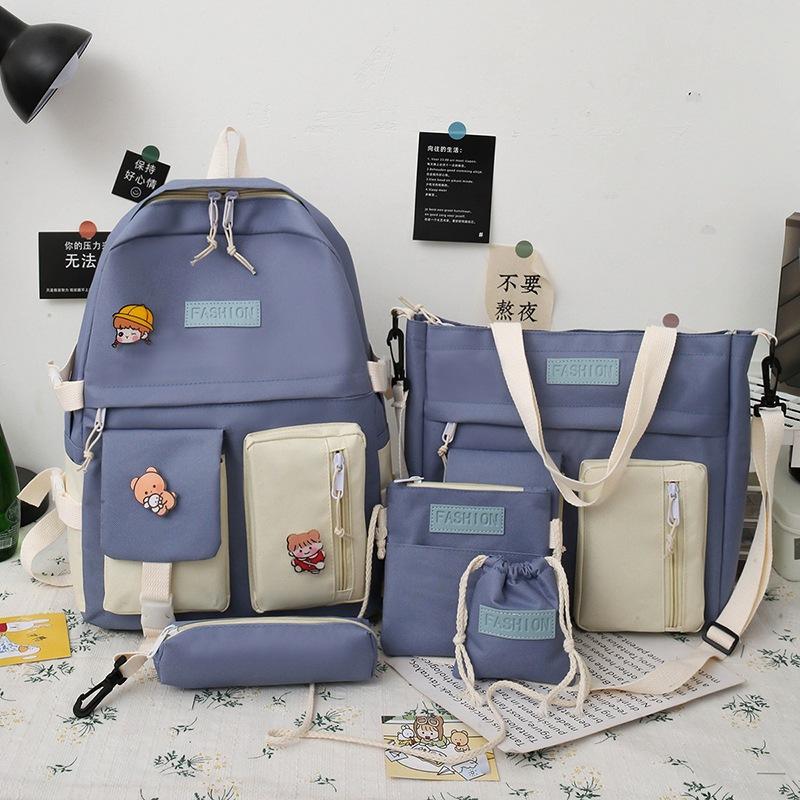 Backpack Women's Five Piece Set Korean Edition Contrast Canvas Campus Student Backpack Set