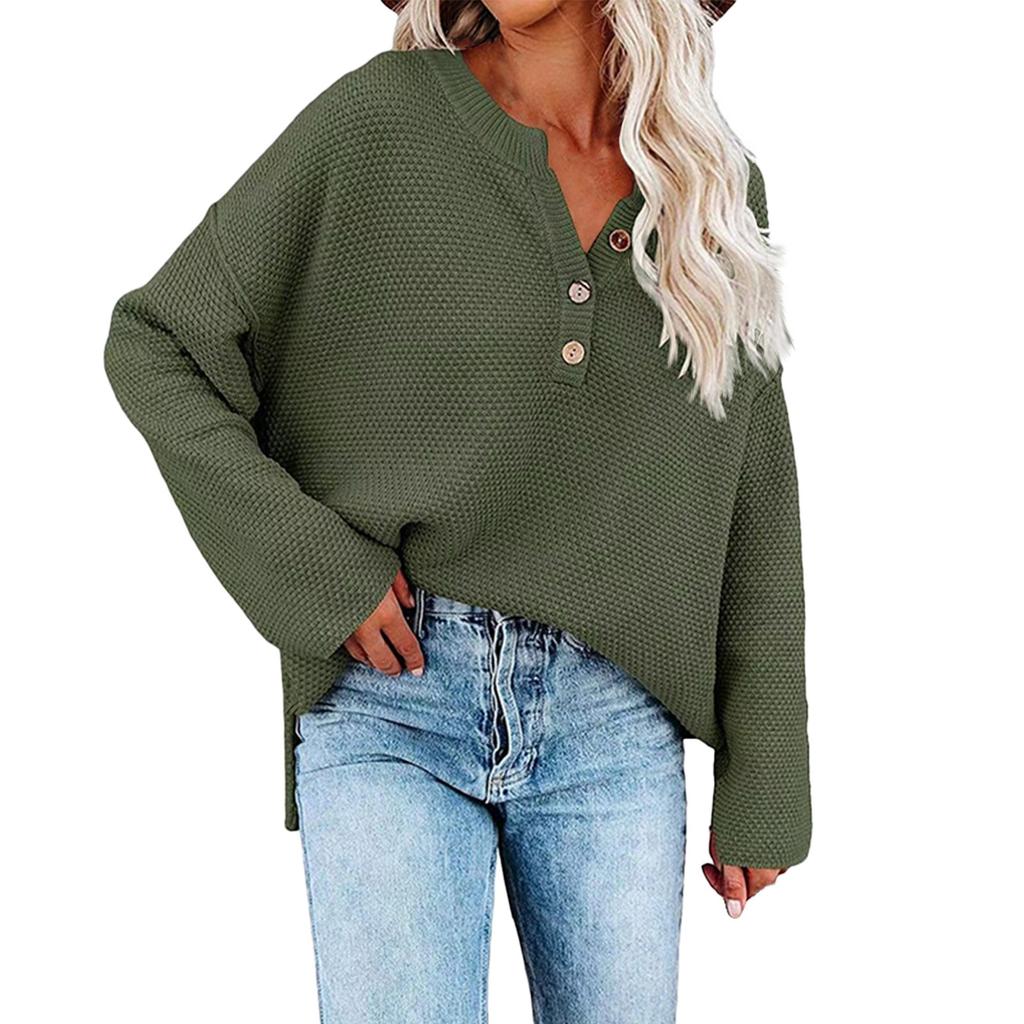 Женская мода, повседневный однотонный свободный вязаный пуловер с круглым вырезом и пуговицами, топ