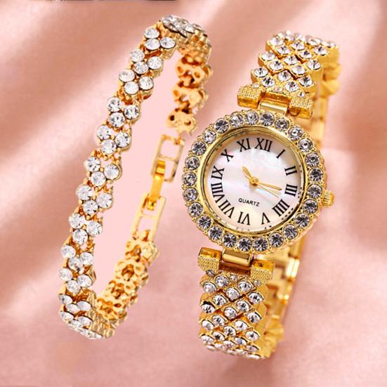 2Pcs/Set Women Watch Bracelet Kit Round Dial Shiny Rhinestones Inlaid Roman Numerals Pointer Display Accurate Decorative Gift