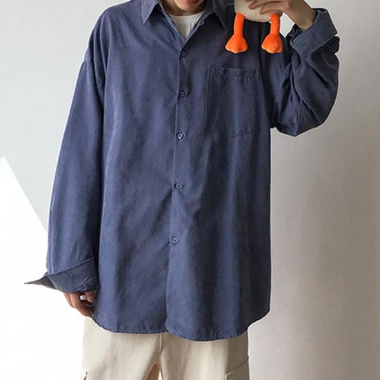 Мужская рубашка с лацканами, длинный рукав, однобортная рубашка, однотонный цвет, накладной карман, повседневная рубашка, свободный крой, удобная куртка