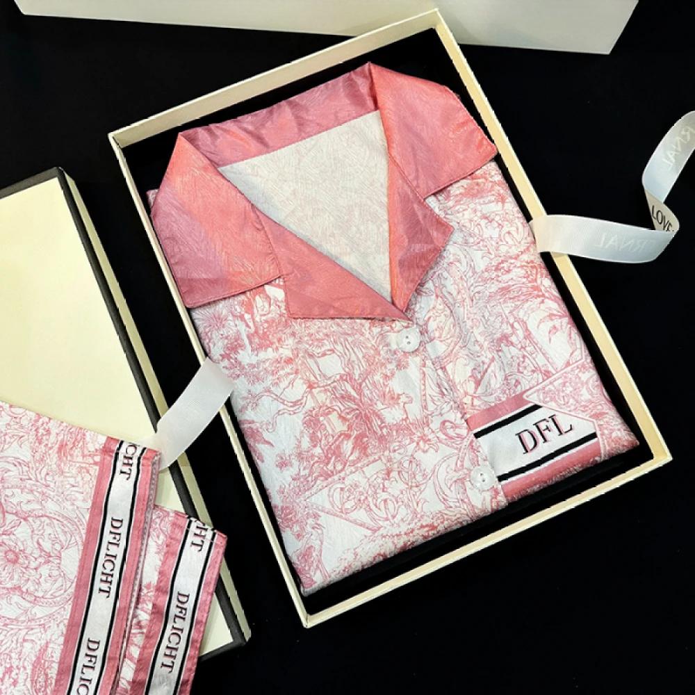 Весна Осень Жаккард Ледяной Шелк Женские Пижамы Комплекты Из Двух Частей Длинные Рукава Штаны Пижамы Классическая Элегантная Женская Домашняя Одежда