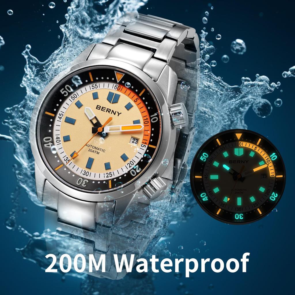 BERNY Watch Automatic Watch Diving Watch Automatic Mechanical Watch 20ATM Waterproof Sapphire Glass Super Luminous Watch Diver's Men's Men's Diver's