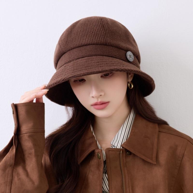 Spot fashion versatile autumn and winter retro corduroy bucket hat thickened warm face small button basin hat