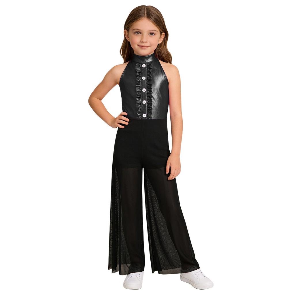Блестящий металлический и сетчатый танцевальный комбинезон для девочек: Топ без рукавов с воротником-стойкой и оборками на лифе и струящиеся широкие брюки для сцены