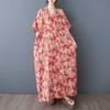 Summer Floral Vacation Style Travel V-neck Retro Long Dress To Hide The Flesh Cotton and Linen Dress