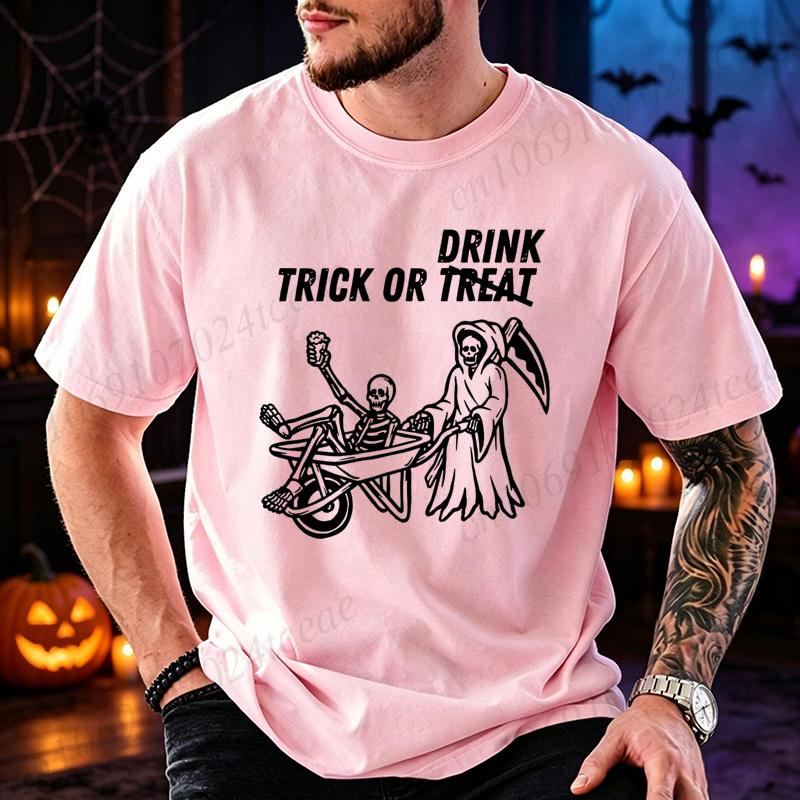 Funny Adult Trick Or Treat Graphic Unisexs Tshirts Halloween Trick Or Drink T Shirt Shirt Short Sleeve Tops Spooky Season Tops