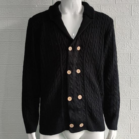 Осень-зима мужской свитер двубортный с пуговицами и лацканами, длинные рукава, скрученная текстура, однотонный, плотный, эластичный, трикотажный