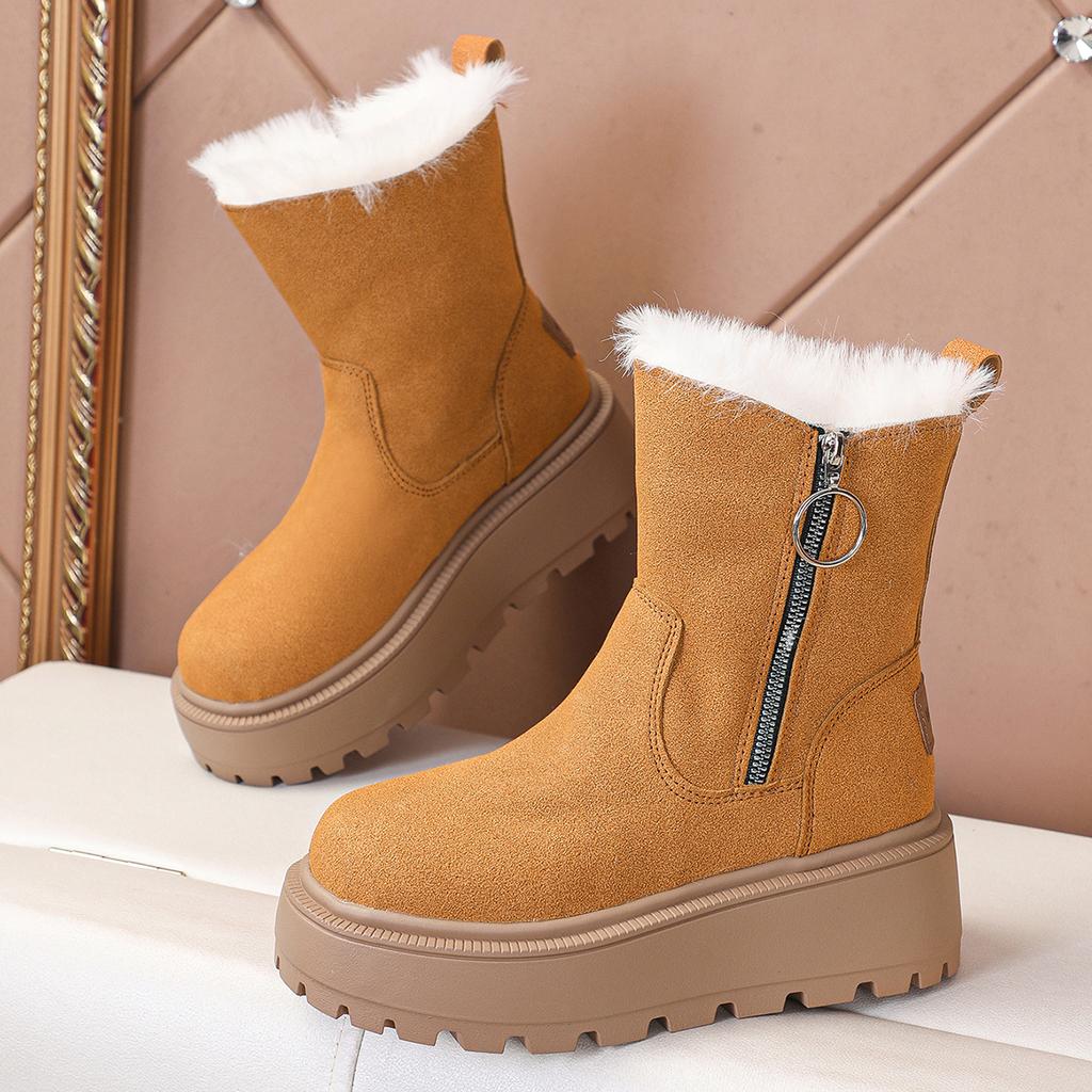 Fashion Chunky Platform Furry Suede Snow Boots Women 2025 Winter Thick Bottom Fluffy Fur Ankle Boots Side Zip Warm Plush Women's Shoes