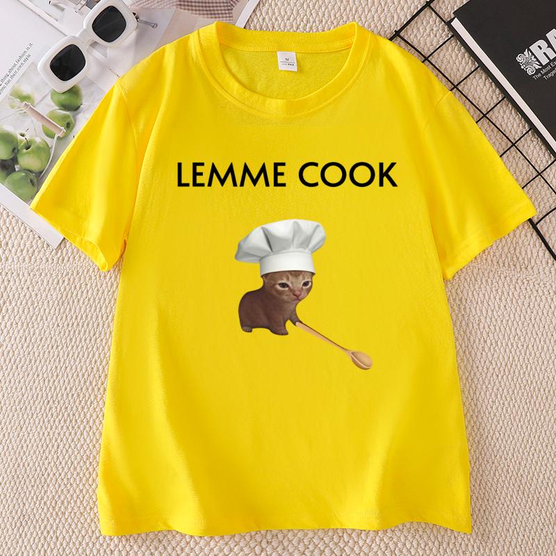 Смешная футболка с мемом про кота LEMME COOK Милый кот-шеф-повар Футболка для унисекса Смешные графические футболки Повседневные футболки с круглым вырезом