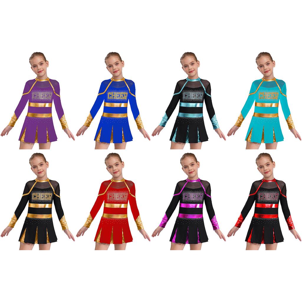 Girls Sparkly Rhinestones Letter Pattern Metallic Contrast Patchwork Long Sleeve Pleated Cheerleading Dress