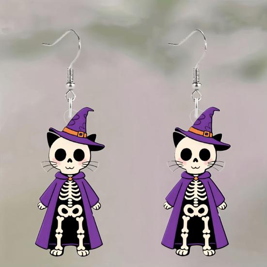 Acrylic Dangle Earrings 1 Pair Halloween Skeleton Cat Drop for Women, Witch Hat Skull Hoop Earring, Theme Jewelry Gift Sweet Cool
