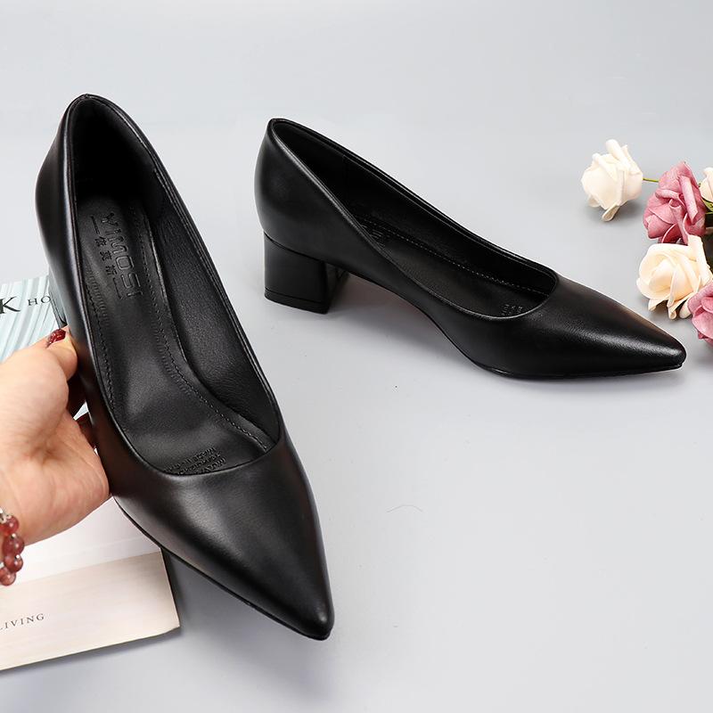 Толстый каблук черные туфли на среднем каблуке из кожи рабочая обувь женская обувь одинарные туфли