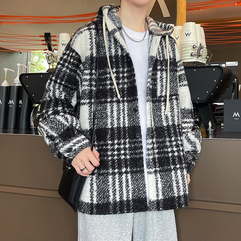 Модная мужская рубашка-куртка на осень и зиму, твидовая, утолщенная, в клетку, с капюшоном