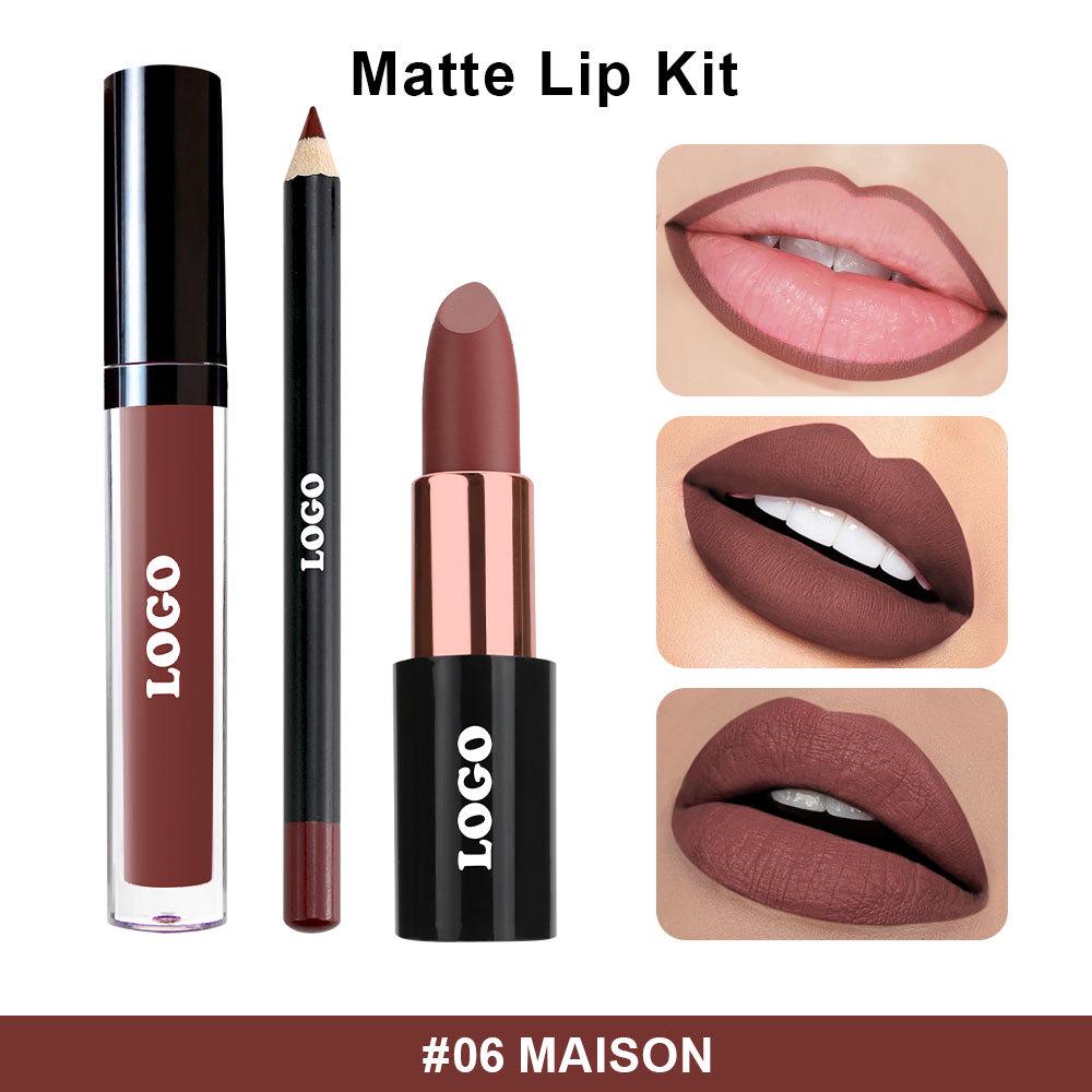 Матовый набор для губ 3-в-1: Помада, подводка и блеск - водостойкие, нелипкие, не выцветают