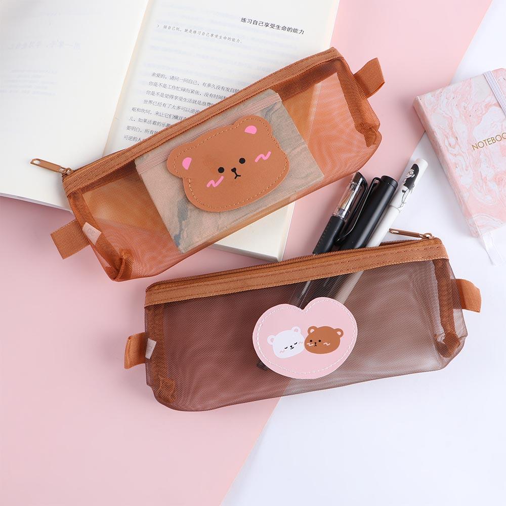 Pen Bag Stationery School Supplies Mesh Pencil Case Storage Bags Bear Pencil Bags Kawaii Pencil Bag