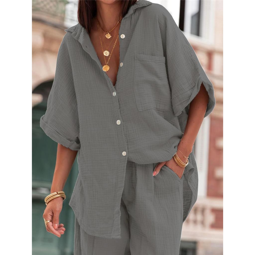 Women's Casual Sets Summer Cotton and Linen Short-sleeved Lapel Shirt Straight Trousers Two-piece Set