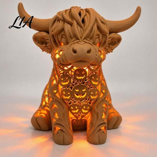 Scottish Cattle Figurine Highland Cow Tea Light Candle Holder, 3D Printed with LED Warm Ambient Lighting Light, Tabletop Decor for Home Bedroom