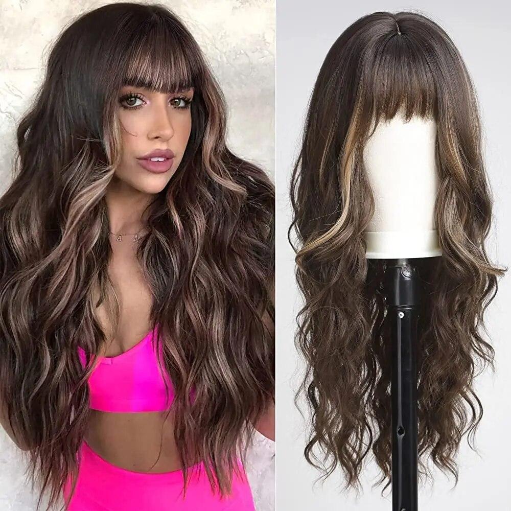 LOUIS FERRE Черные волнистые синтетические парики для женщин, натуральные длинные волосы с челкой, парик из термостойкого волокна для ежедневного использования